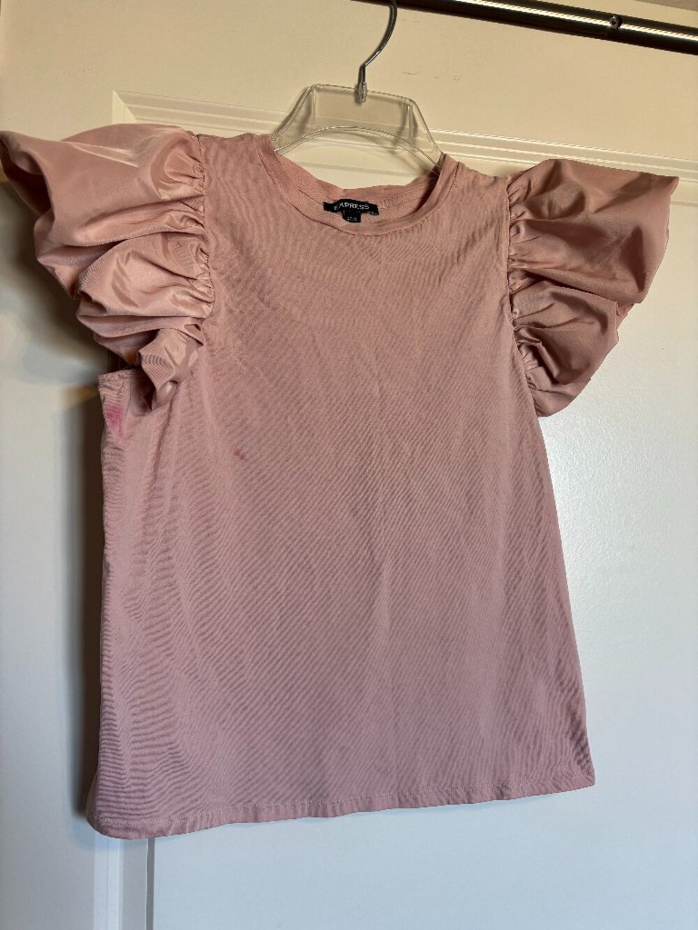 Express Pink Mixed Media Satin Puff Sleeve Tee Top S
